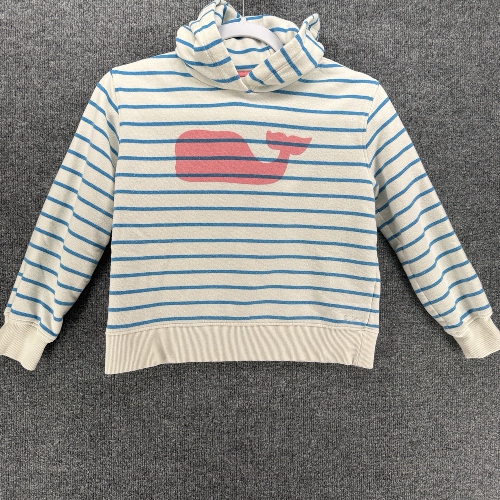 Vineyard Vines Sweater Girls M 10-12 White Blue Striped Whale Logo Hoodie Casual